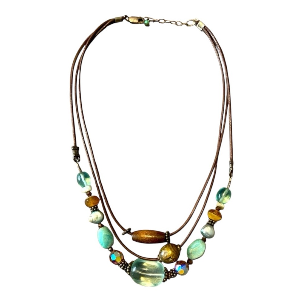 Short Beaded Necklace - Teal and Brown